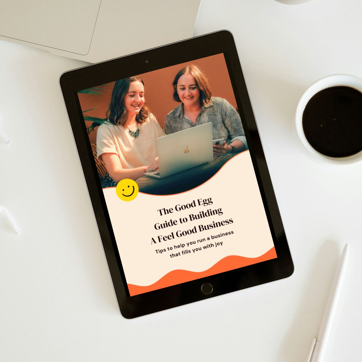 iPad featuring the cover of The Good Egg Guide To Building A Feel Good Business