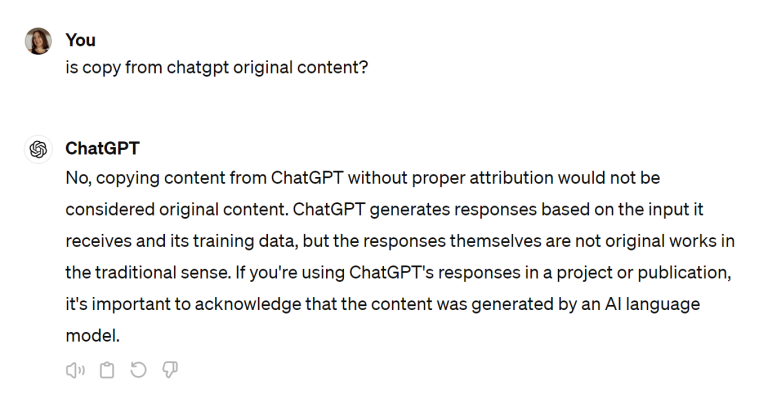 Screenshot showing Sophie asking "Is copy from ChatGPT original content?". ChatGPT says "Responses themselves are not original works"